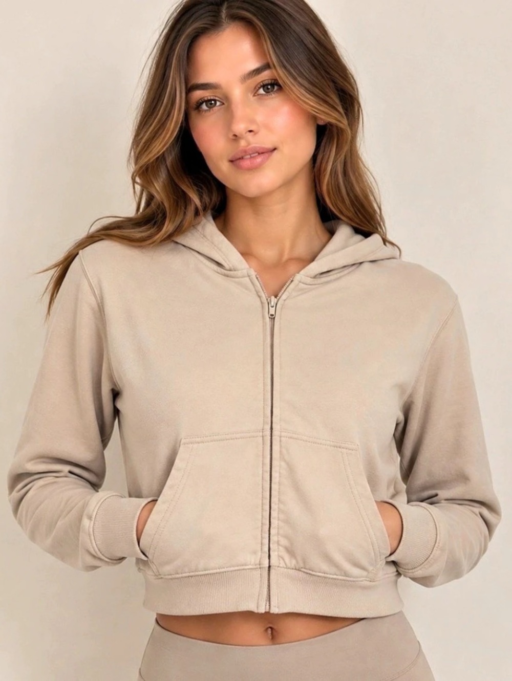 SKIMS Cropped Full Zip Hoodie Beige Taupe Size Small